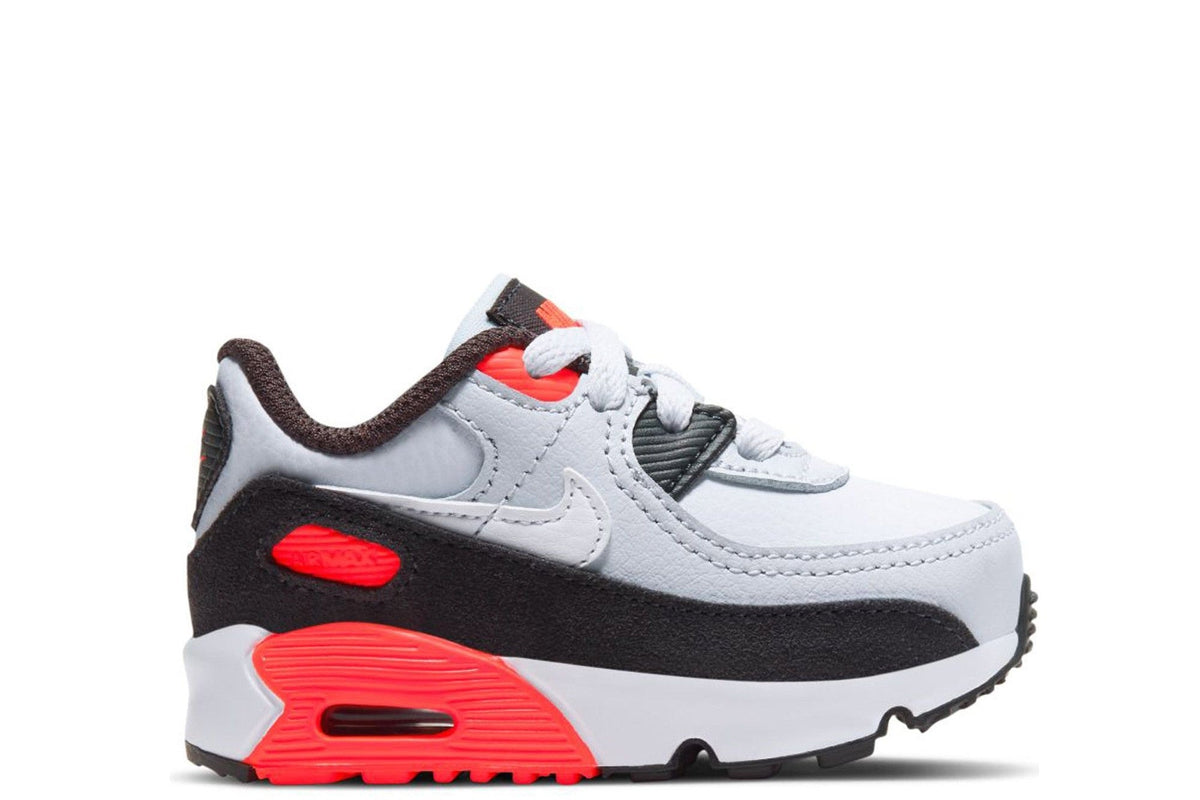 Toddler Nike Air Max 90 LTR sneaker side view, grey/white upper with red heel and black panel