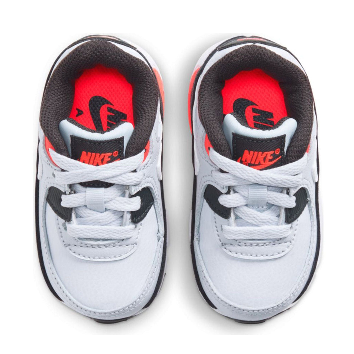 Toddler Nike Air Max 90 LTR sneakers, top view of white laces and grey uppers with red lining
