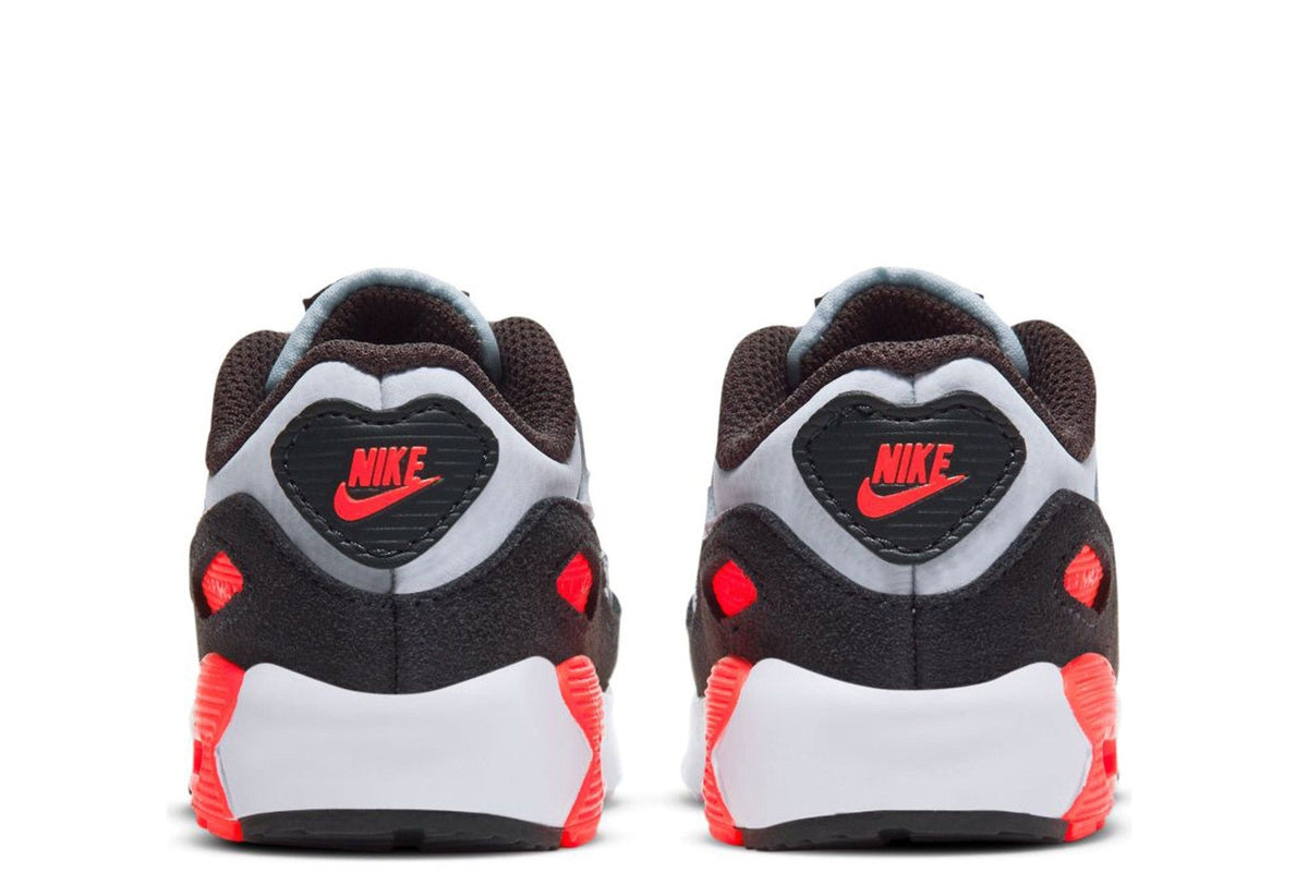 Toddler Nike Air Max 90 LTR sneakers, rear view with Nike logo, black heel and red pull tabs