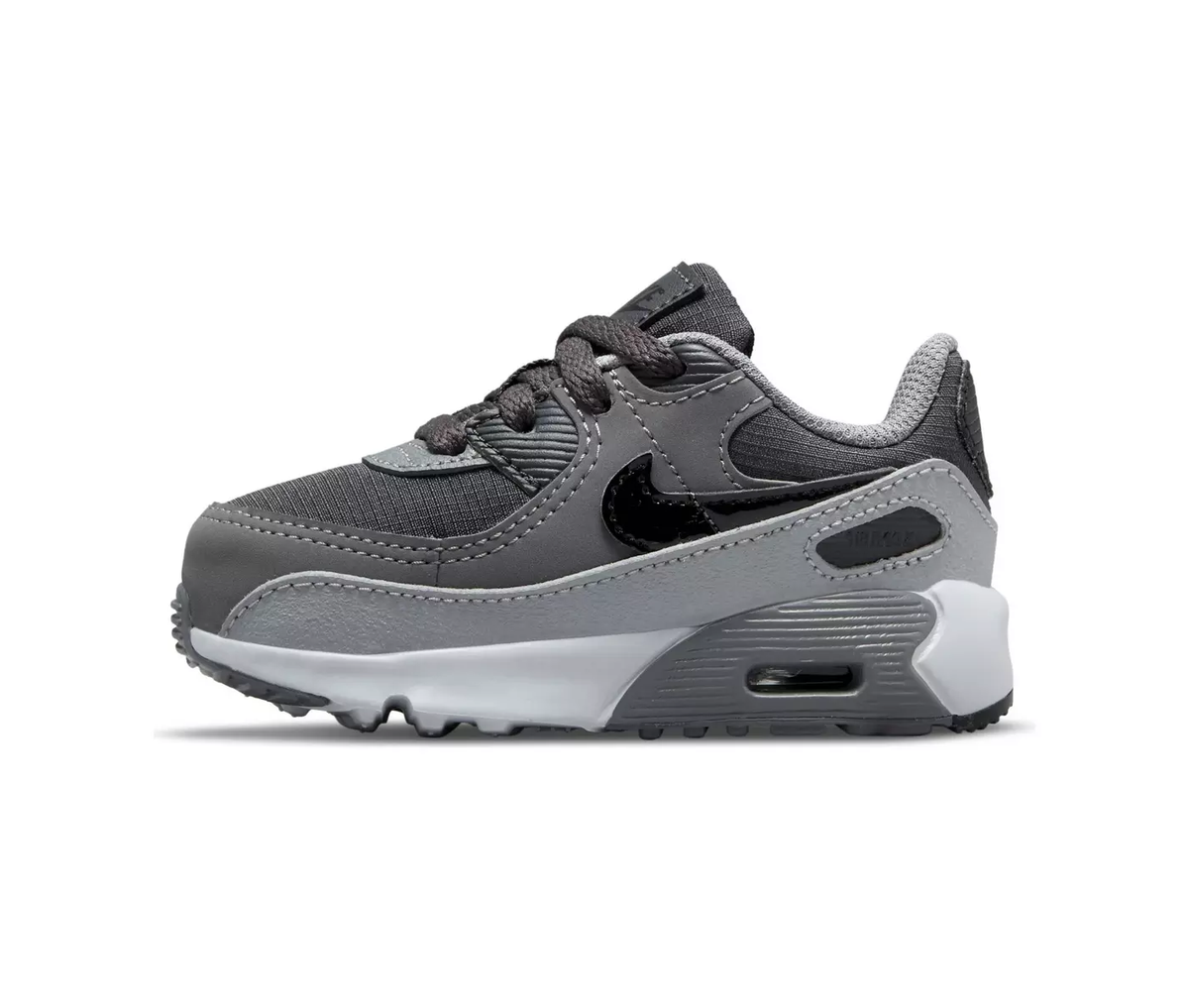 Toddler Nike Air Max sneaker with dark gray mesh, black swoosh, and gray laces