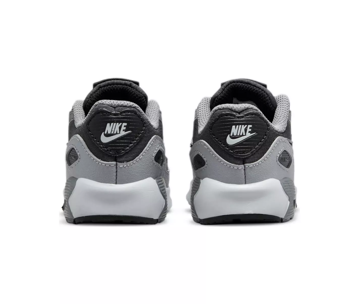 Toddler Nike Air Max sneakers with black heel tabs and gray back panels, white sole