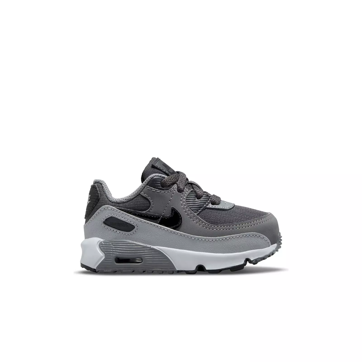 Toddler running sneaker in dark anthracite, black, and gray with white midsole