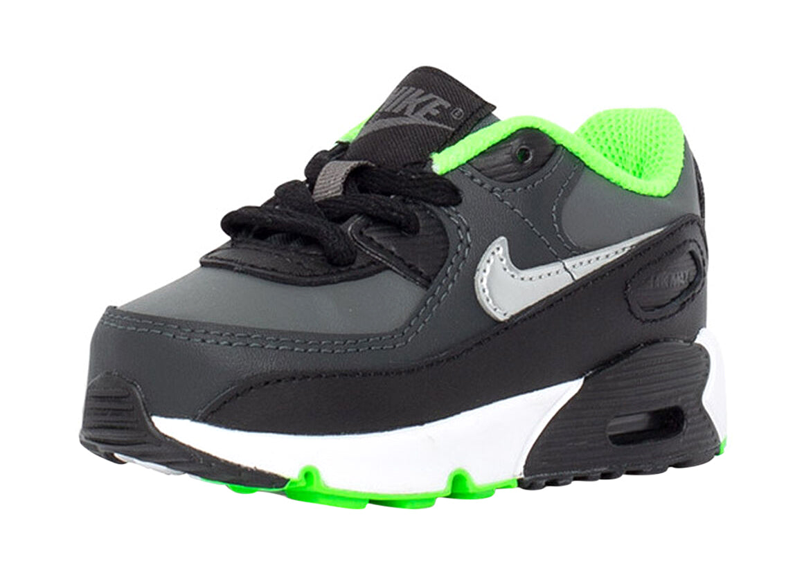 Toddler low-top sneakers, dark gray upper with black laces and neon green lining