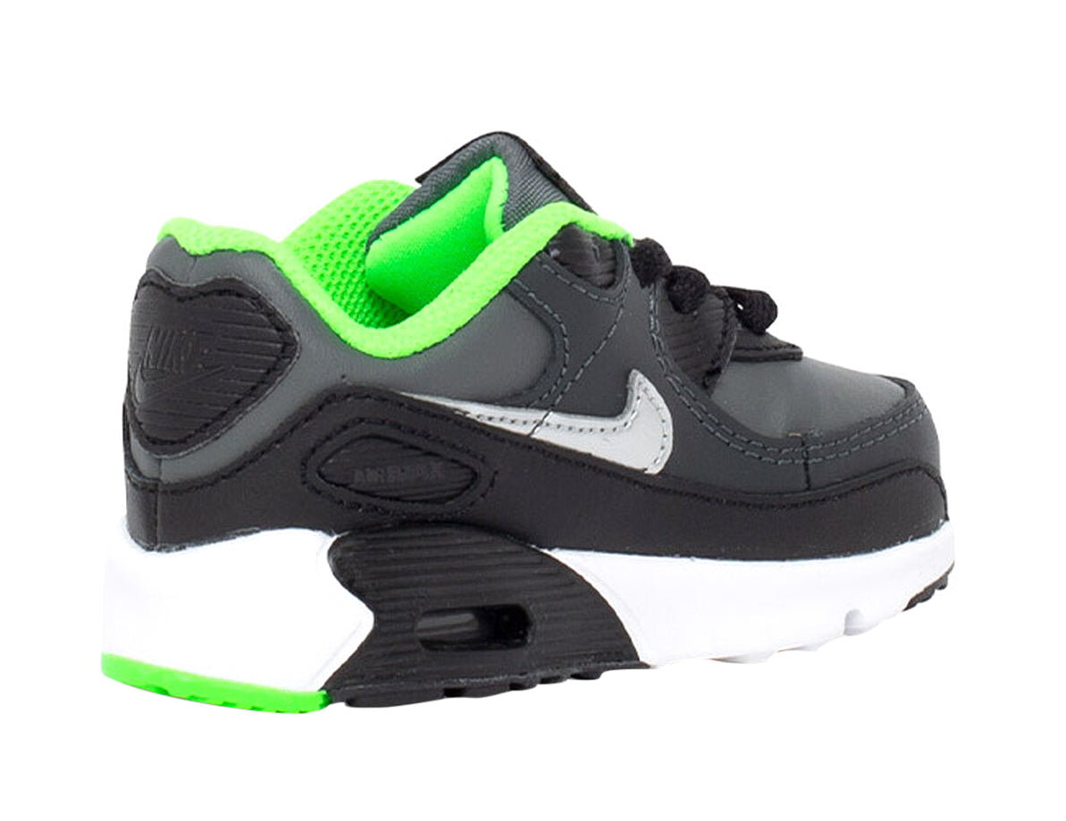 Toddler low-top sneakers side view, dark gray leather with neon green collar