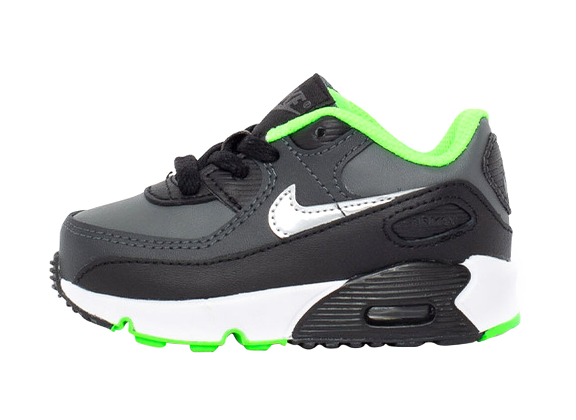 Toddler low-top sneakers in dark gray with white swoosh and neon green accents