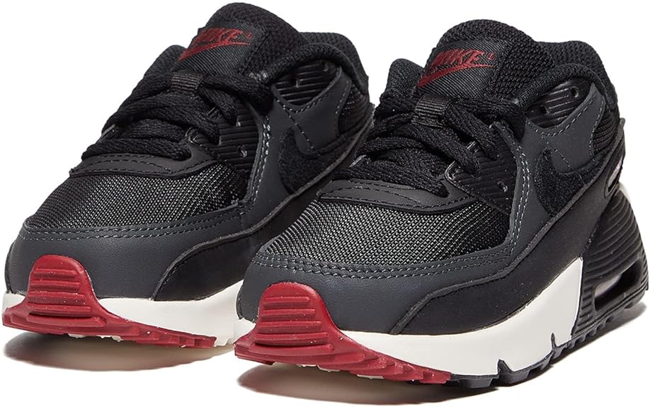 Toddler Nike Air Max 90 LTR sneakers pair, black uppers with red heel tabs