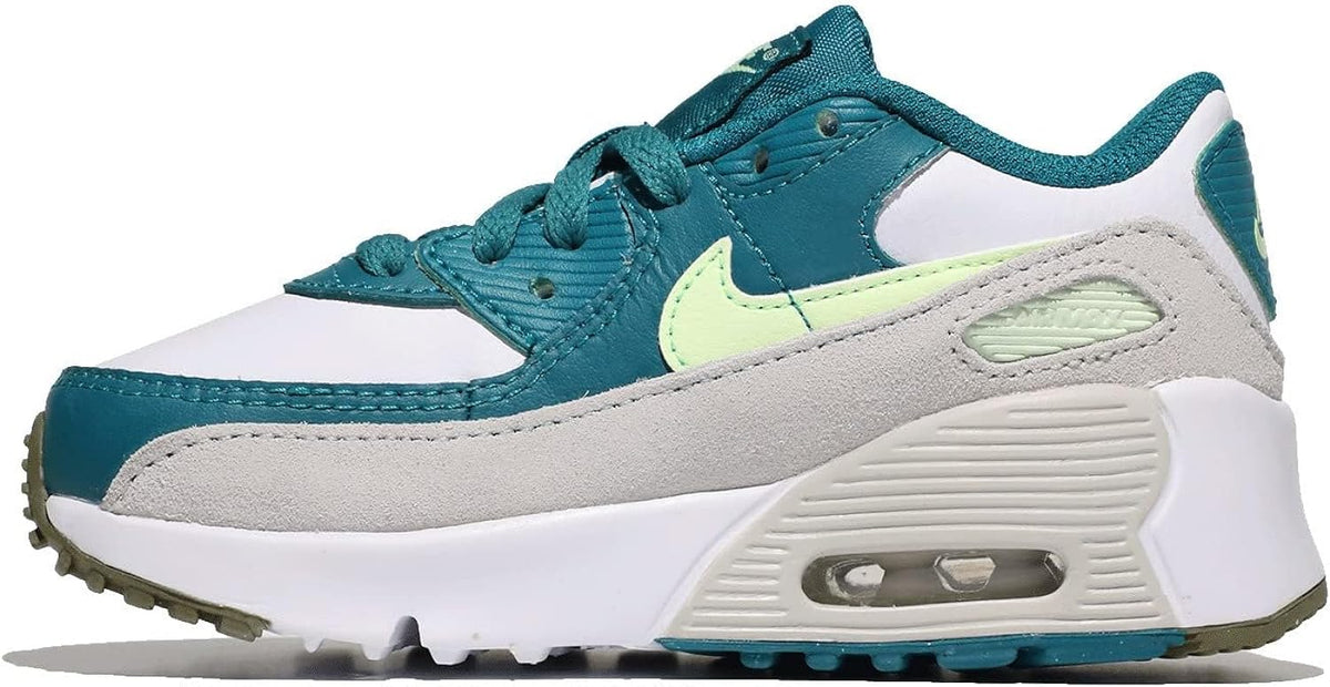Kids' Nike Air Max 90 low-top sneakers in teal and white with neon green accents