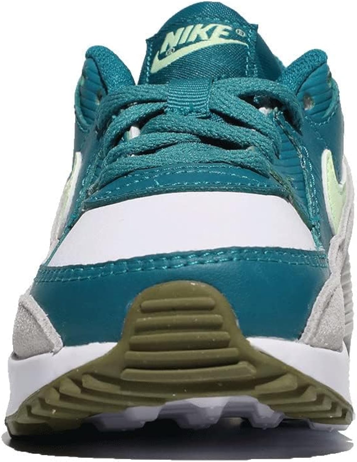 Kids' Nike Air Max 90 toe and lace front in teal with white and neon green details