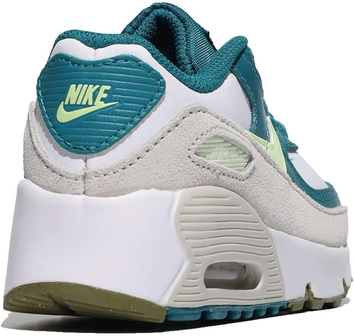 Kids' Nike Air Max 90 heel close-up in teal and white with Nike logo patch