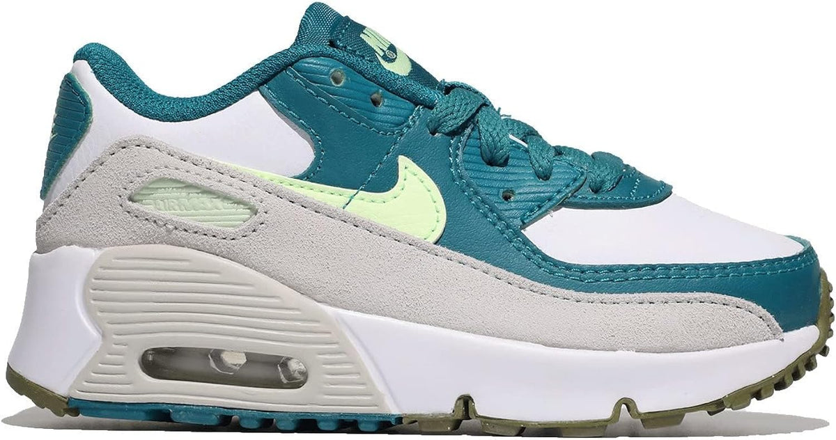 Kids' Nike Air Max 90 sneakers, teal upper with white overlays and neon green swoosh