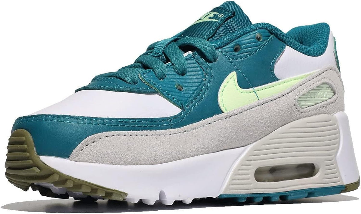 Kids' Nike Air Max 90 sneakers with teal laces, white midsole, and neon green logo