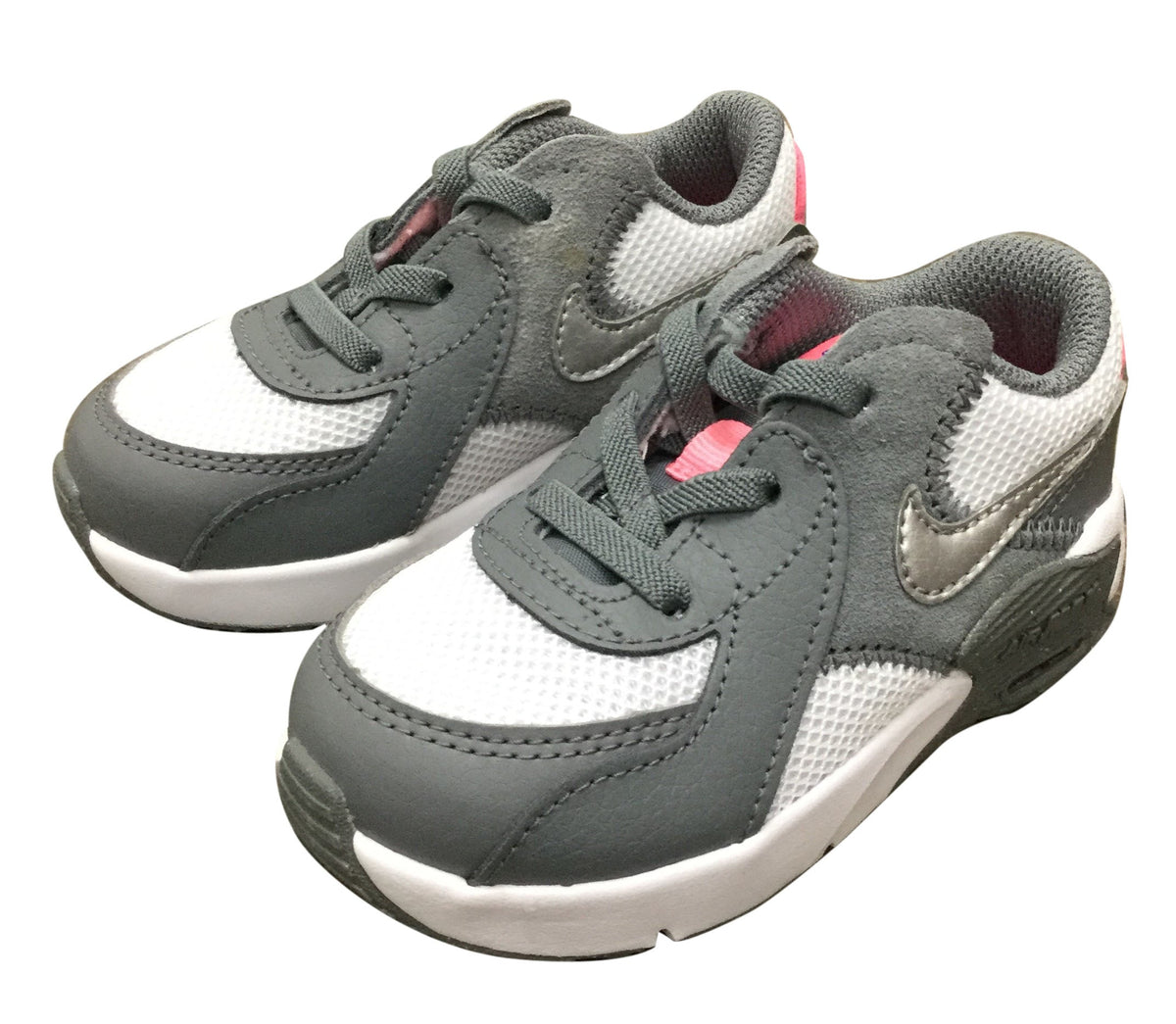 Smoke grey toddler Nike Air Max Excee sneakers with pink accents and white midsole