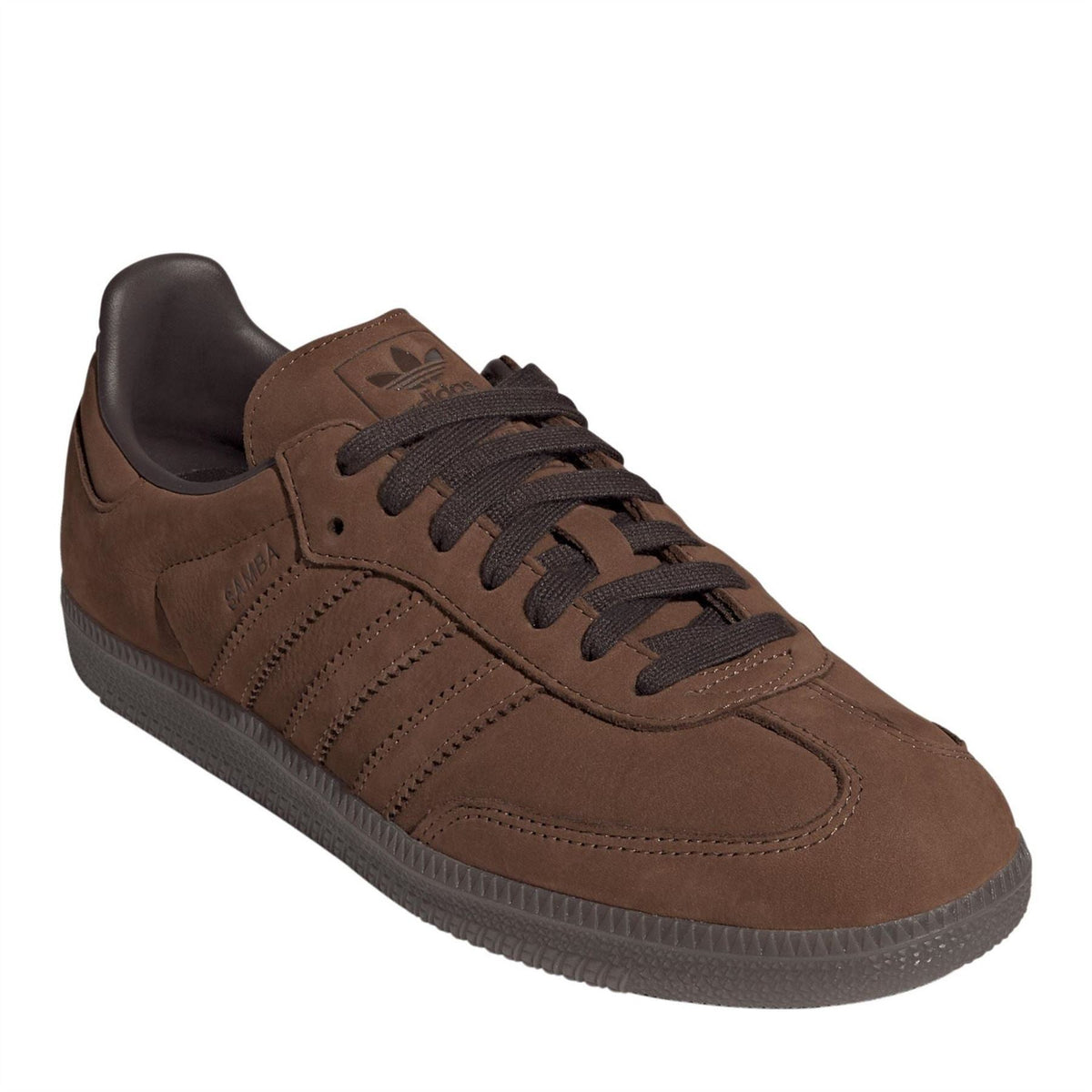 Brown Samba OG trainers with black lace-up front and adidas logo on tongue