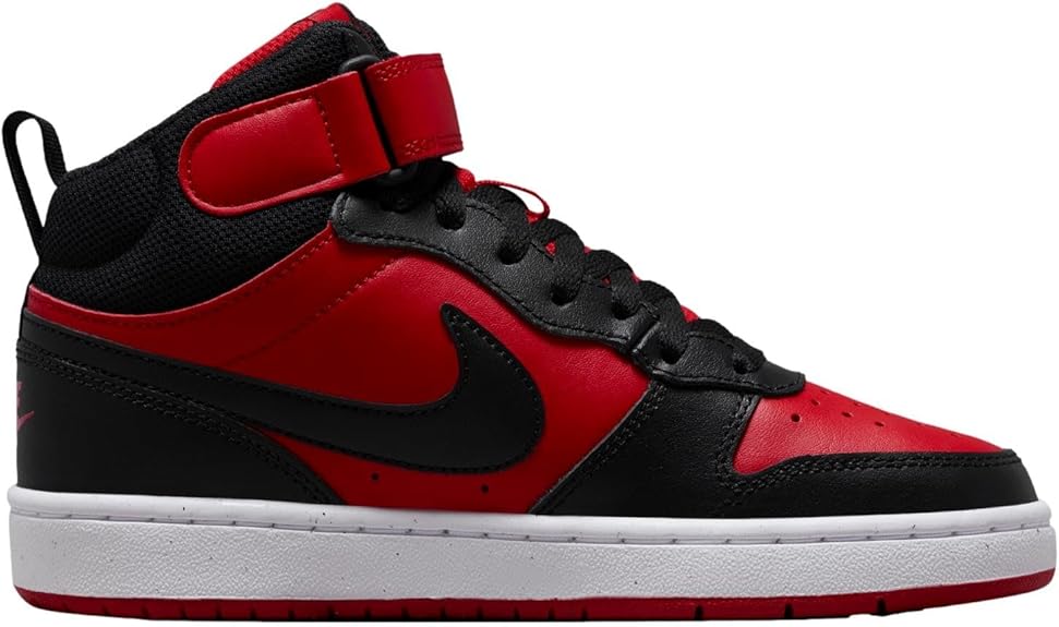 Kids' Nike mid-top sneakers, side view, red and black with Velcro strap and laces