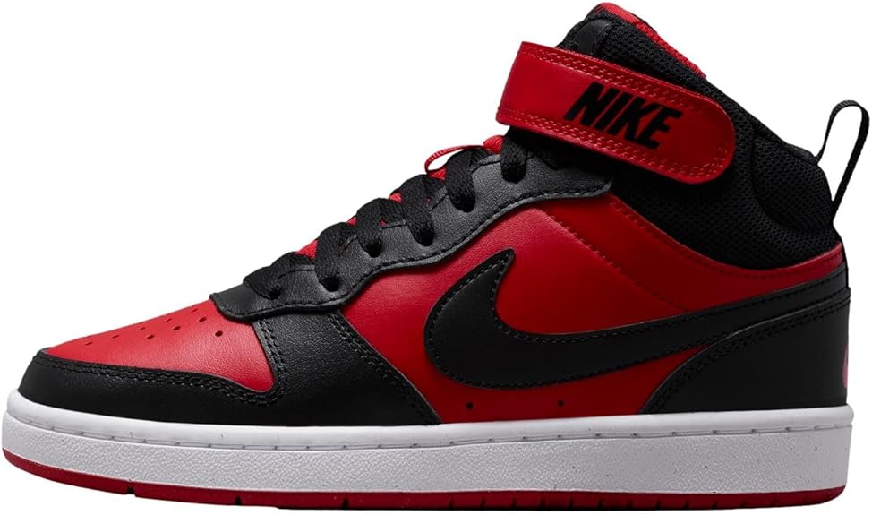Kids' Nike mid-top sneakers in red, black, and white with lace-up and high collar