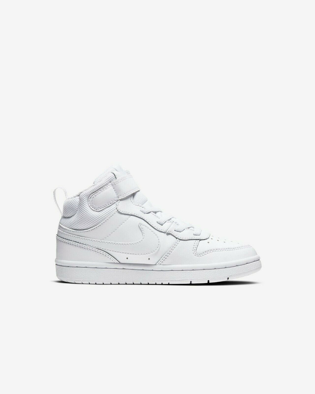 Nike kids' mid-top sneakers in white, side Swoosh, low-profile rubber sole