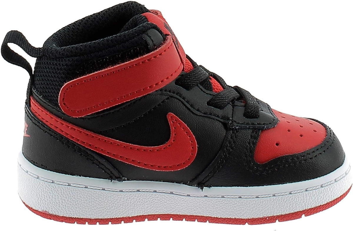 Toddler mid-top sneakers with black upper, red swoosh, and white rubber sole