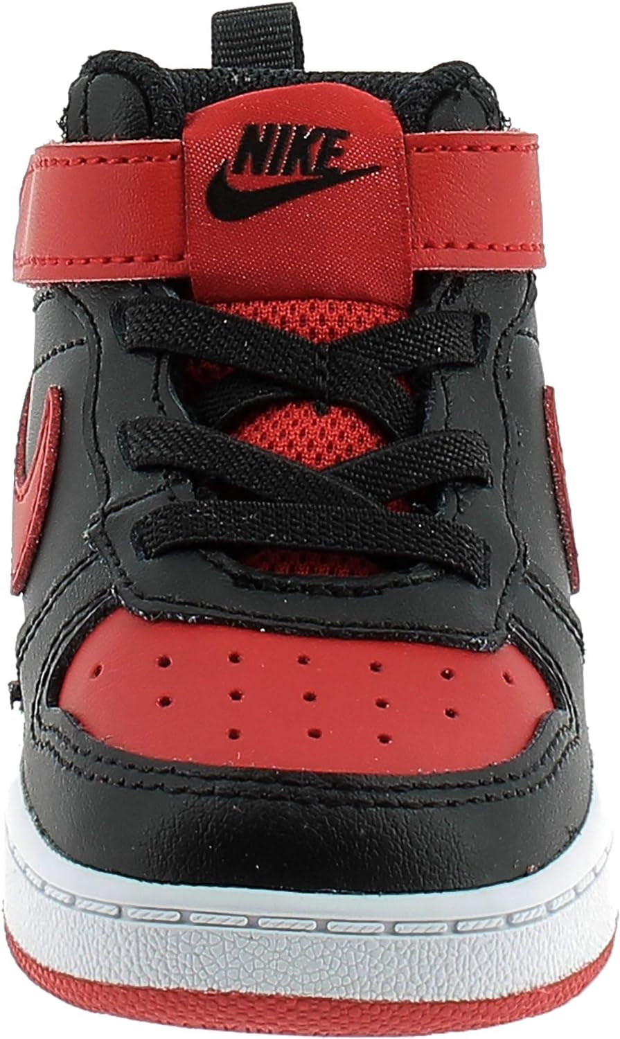 Toddler mid-top sneakers with red ankle strap, black laces, and white outsole