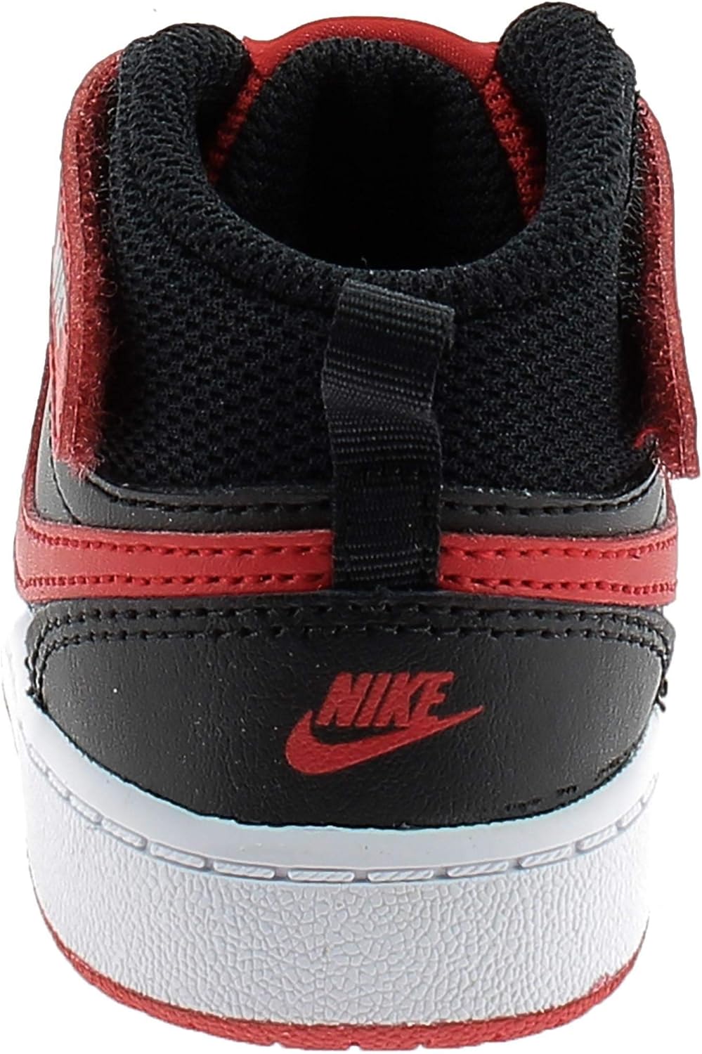 Toddler mid-top sneakers with black heel panel, red collar trim, and white sole