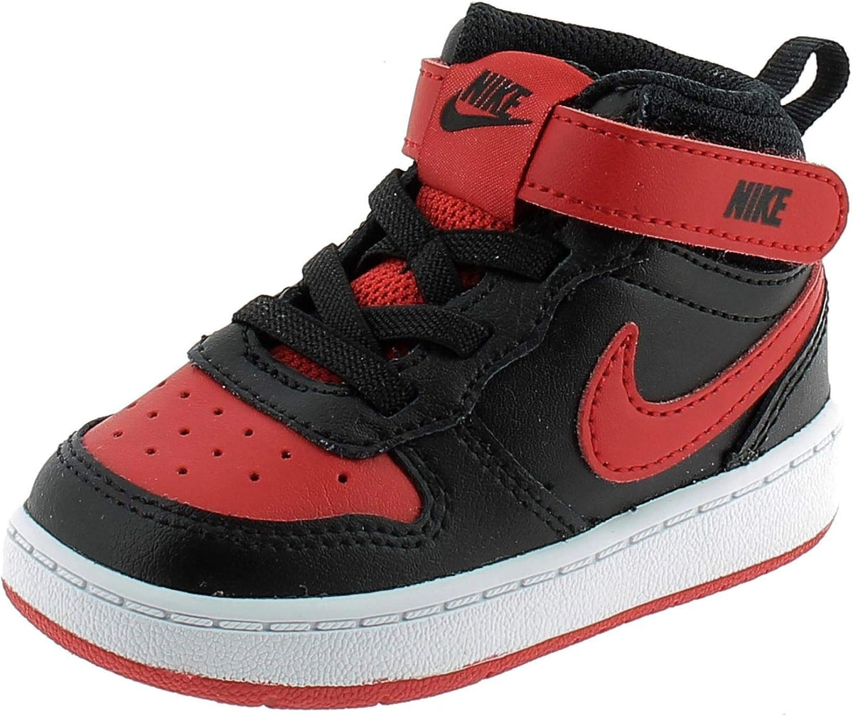 Toddler mid-top sneakers, black and red with velcro strap and lace-up front