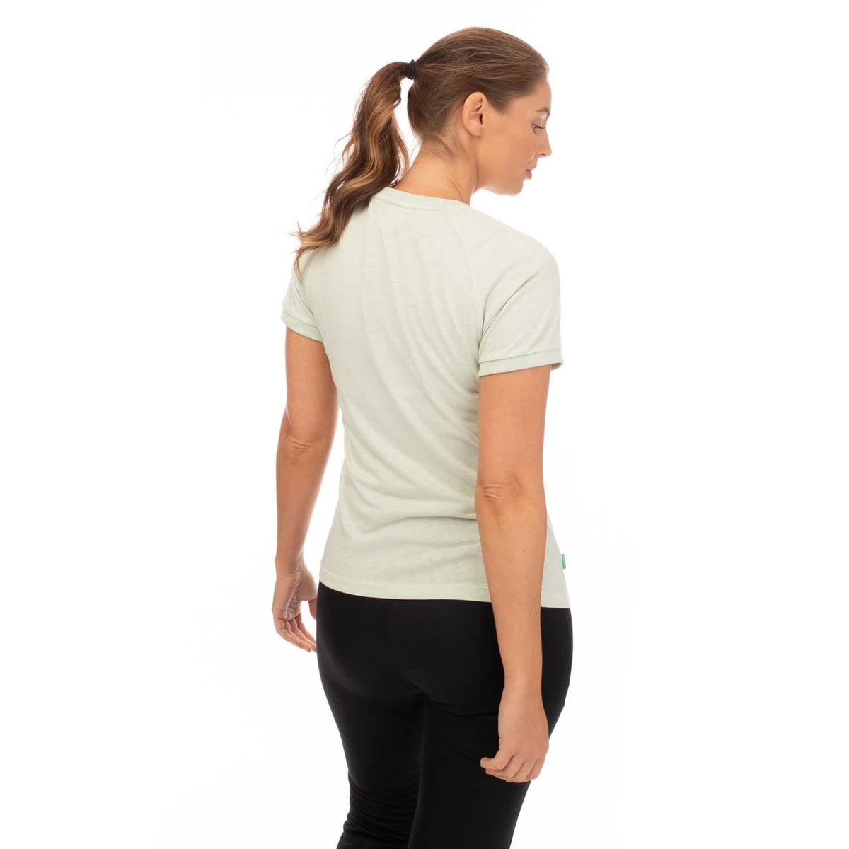 Light green adidas hemp crew-neck t-shirt, back view, short sleeves
