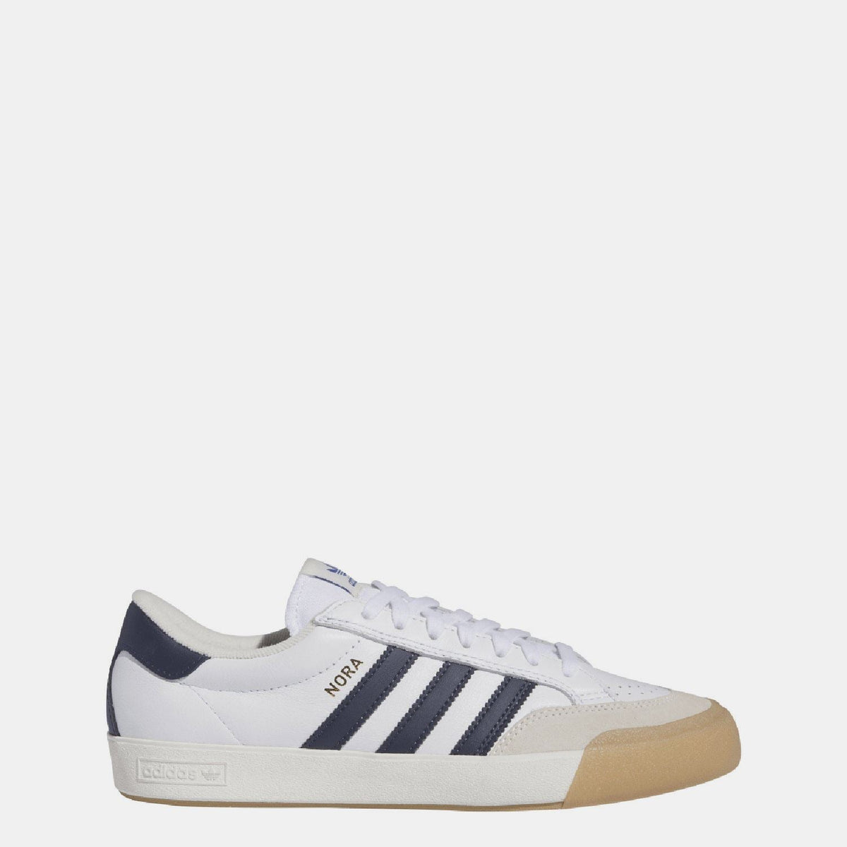 adidas Originals Nora trainers in white with navy stripes and tan/gum rubber outsole