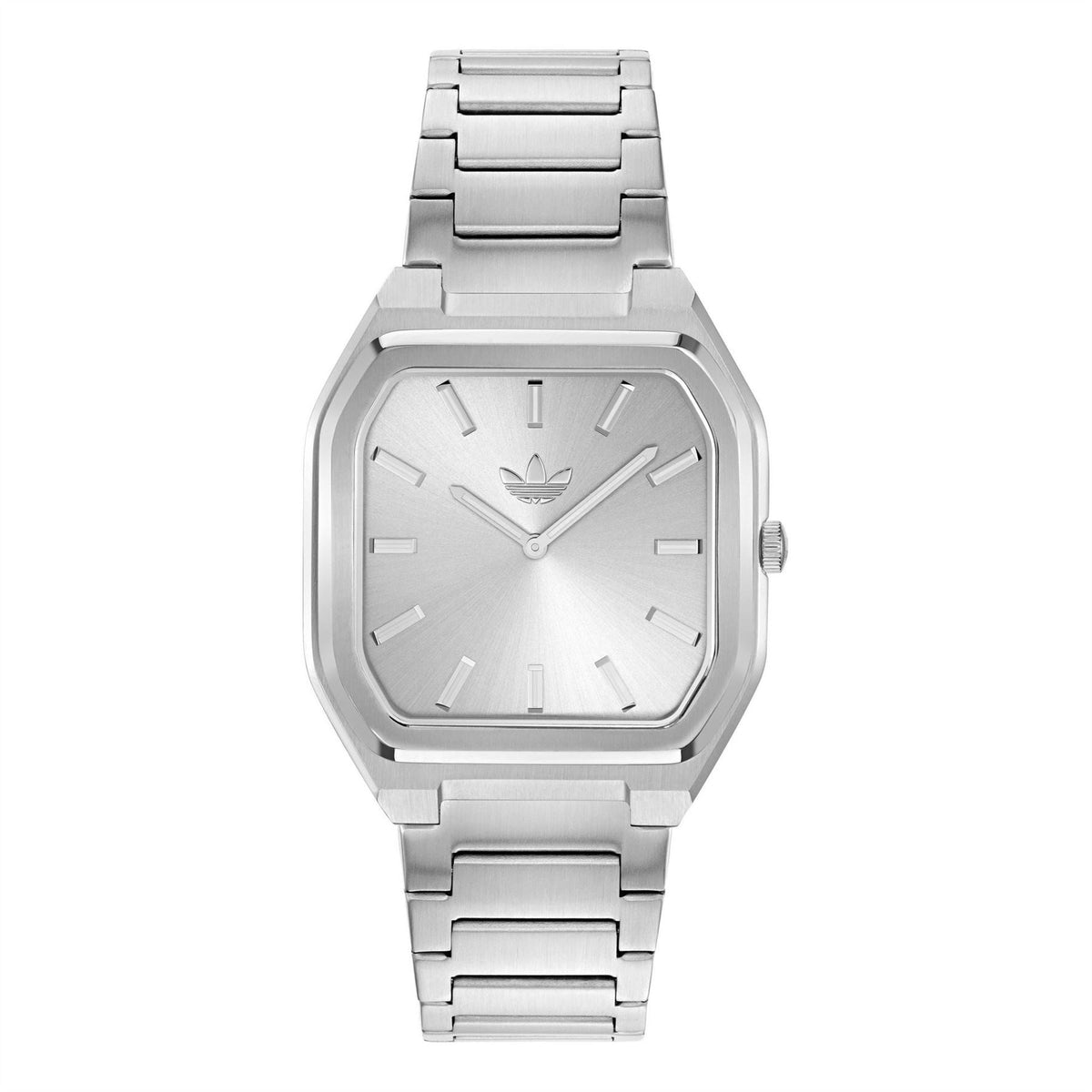 Silver rectangular analog watch with metal bracelet and square dial
