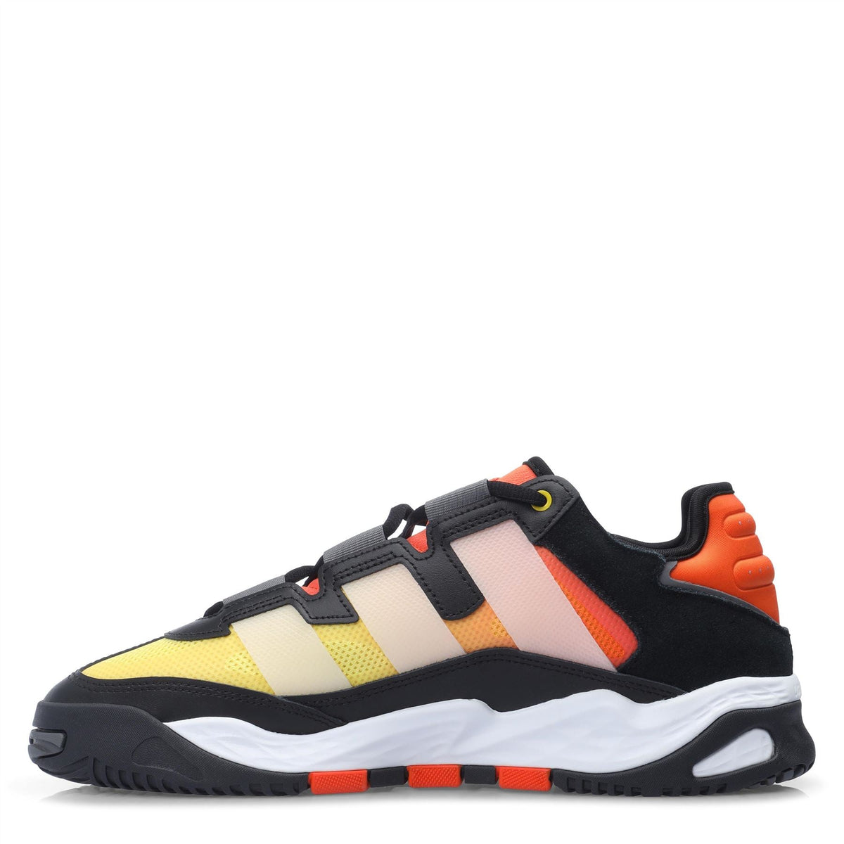adidas Niteball side view trainers, black upper with cream stripes, yellow toe, orange heel