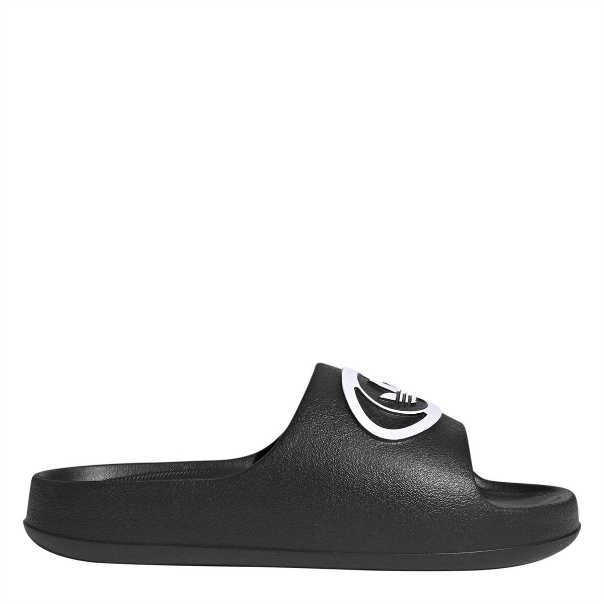 adidas black slide sandals with white logo on contoured strap and thick sole