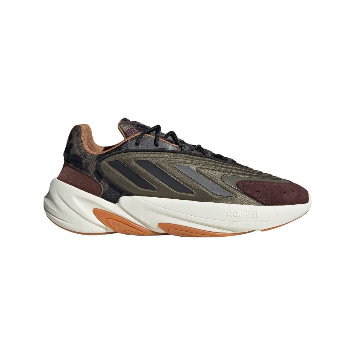 Olive, burgundy and black low-top trainers with white midsole and orange accents