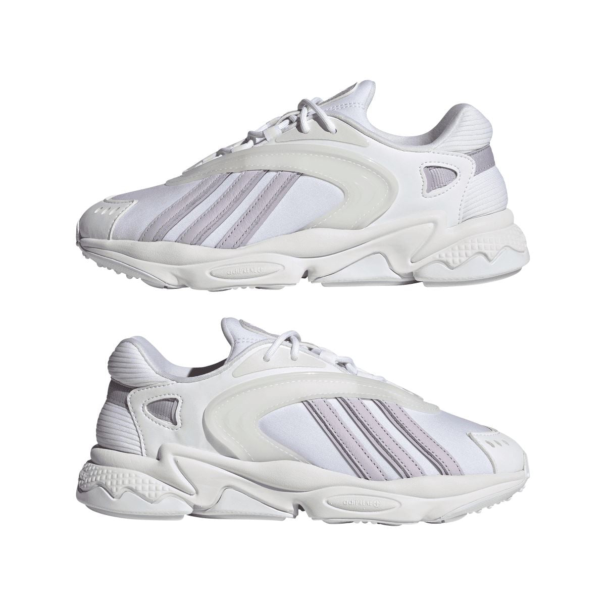 White adidas Originals Oztral sneakers, front and side pair view with lace-up closure