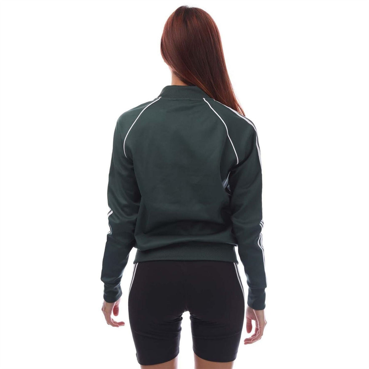 Dark green adidas Originals track jacket with white sleeve stripes, back view