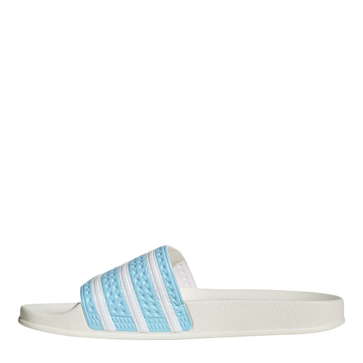 Junior adidas slide sandals with blue-striped upper and white molded sole