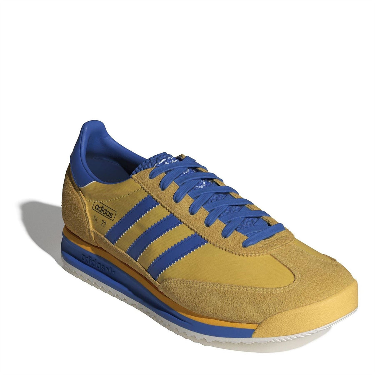 adidas Originals low top sneakers, gold suede with blue laces and Three Stripes