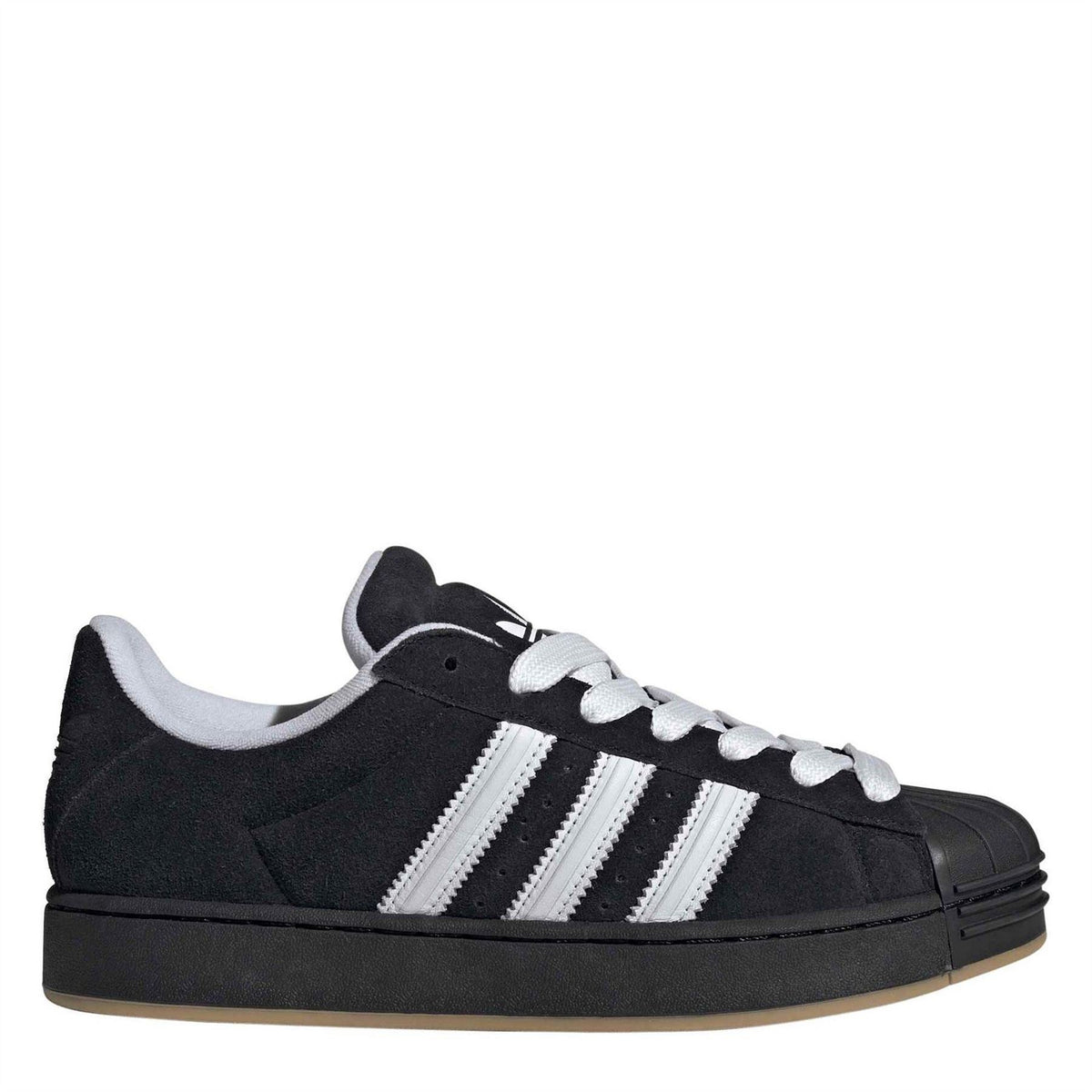 adidas Originals Superstar sneakers in black with white triple stripes and gum sole
