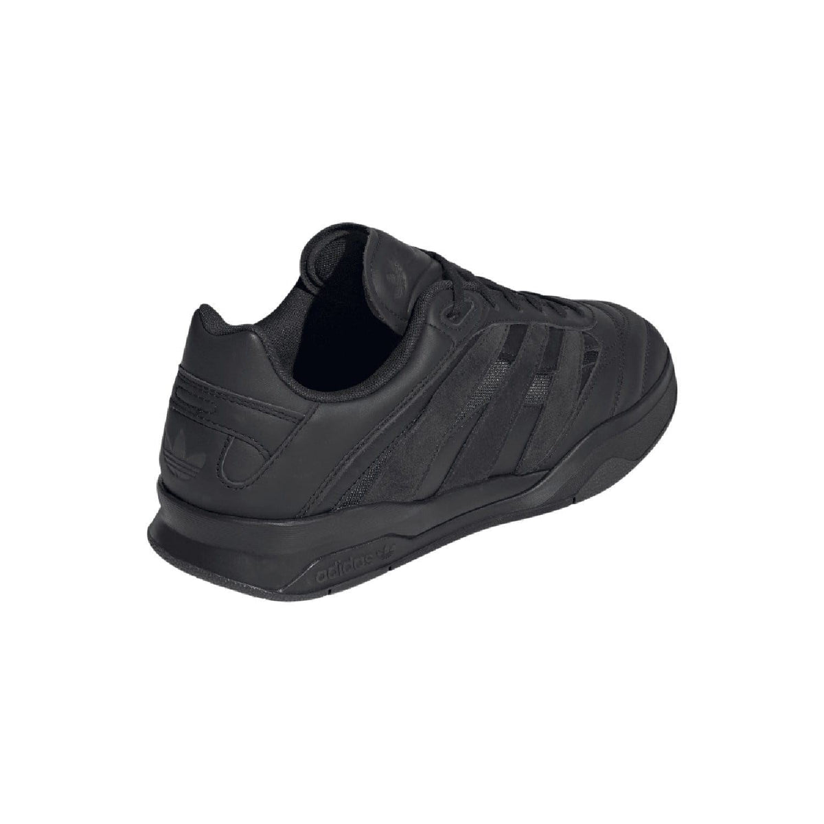 Black trainers heel and side profile with stitched overlays and rubber sole