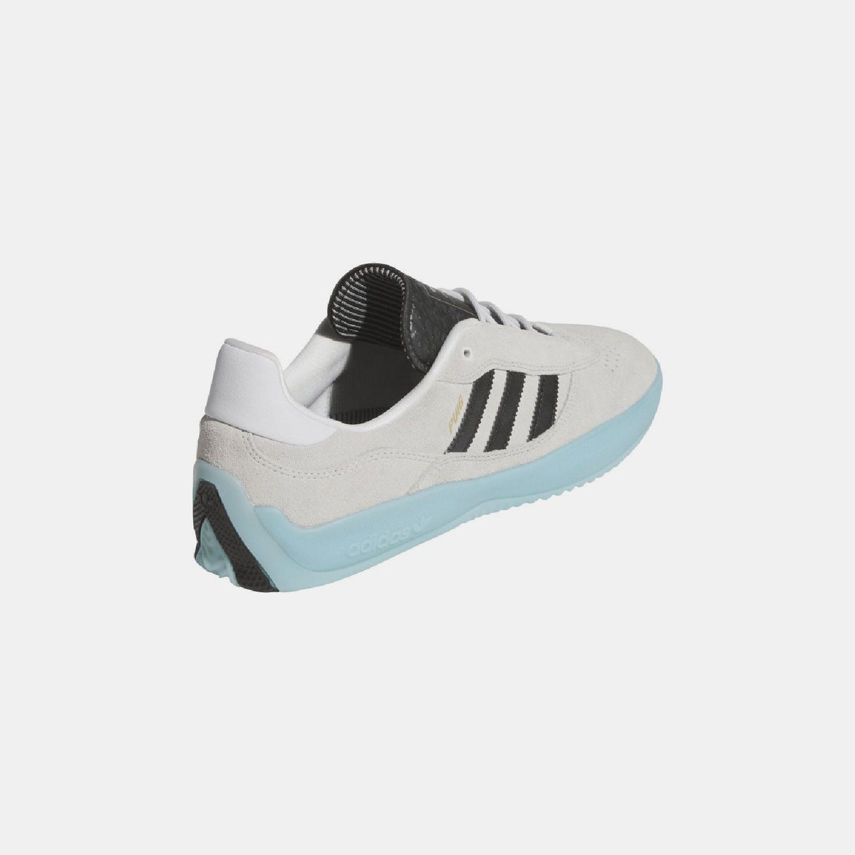 White trainers with black heel lining and light blue sole with tread edge.