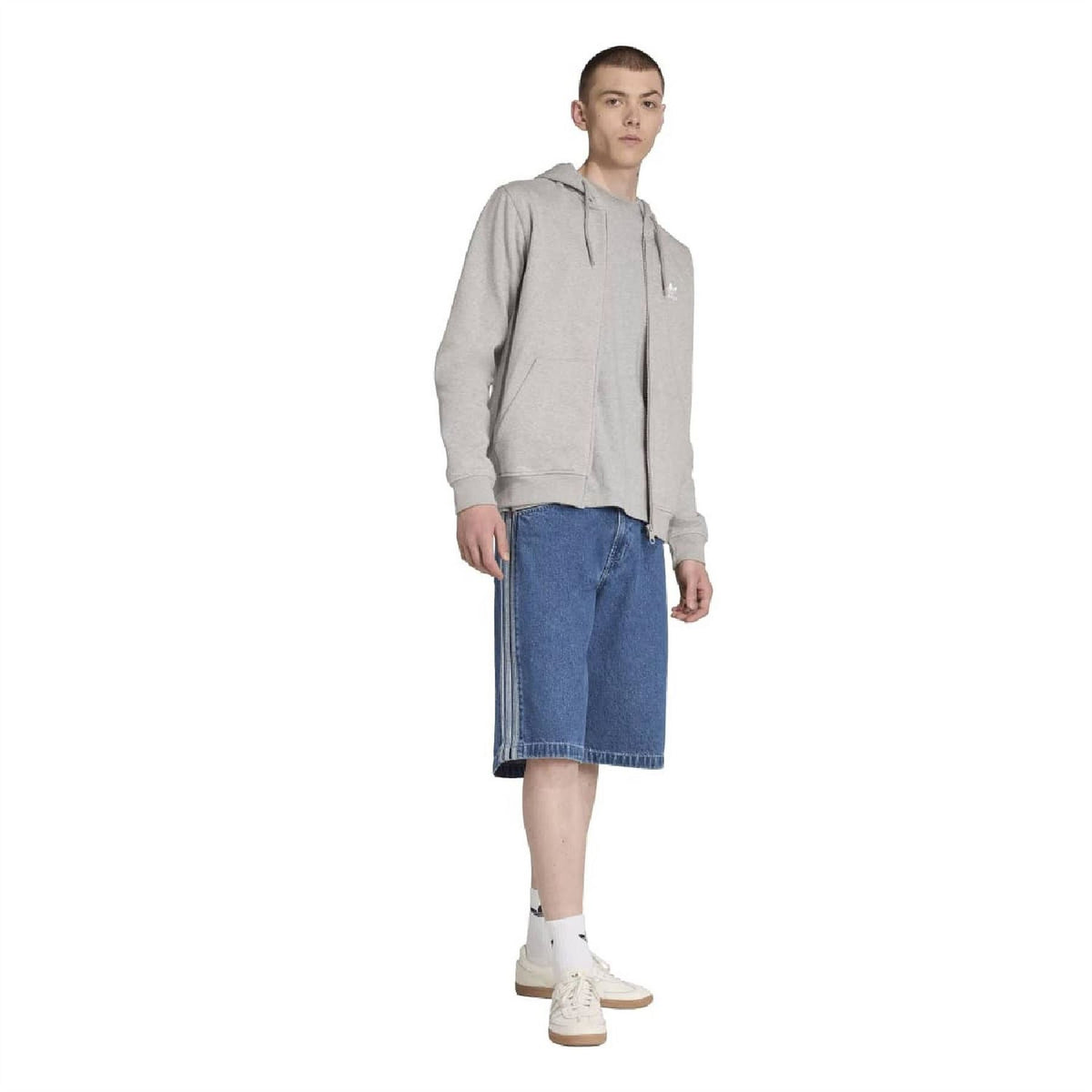 Trefoil zip-up hoodie in light grey, front zip and adjustable drawstring hood