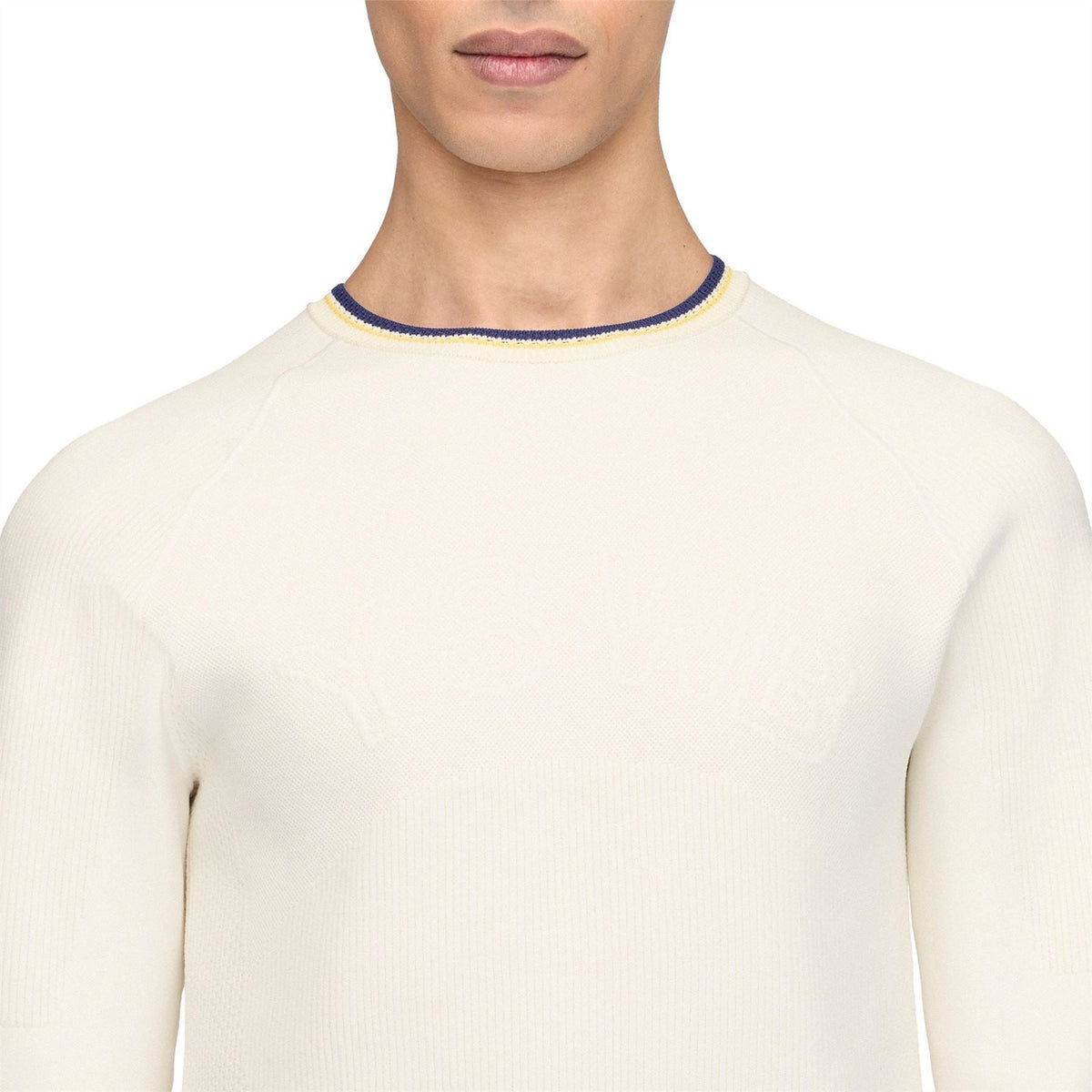 Cream knit crewneck neckline with navy collar and yellow edge trim