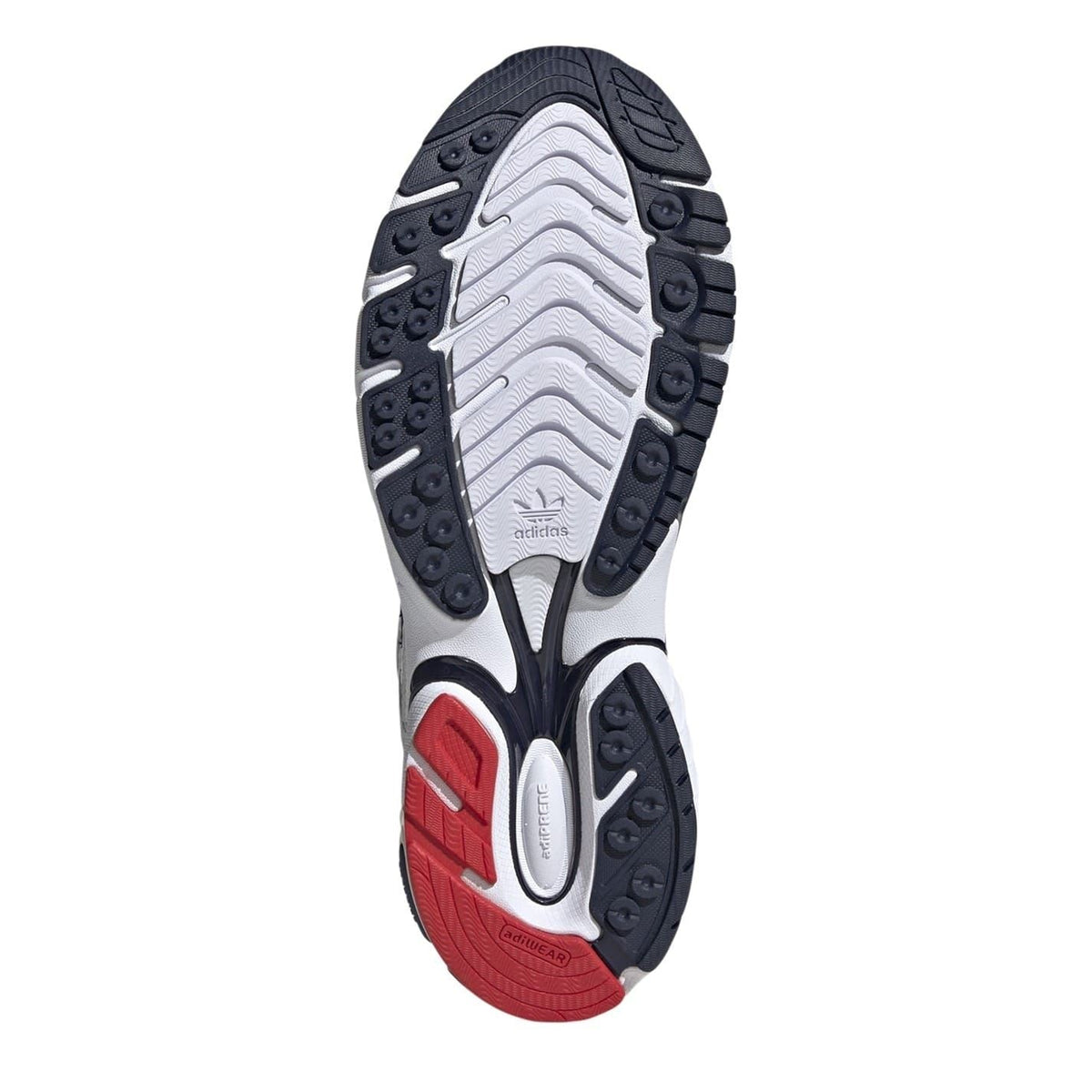 adidas Adistar sneaker outsole with textured tread, dark rubber and red heel section