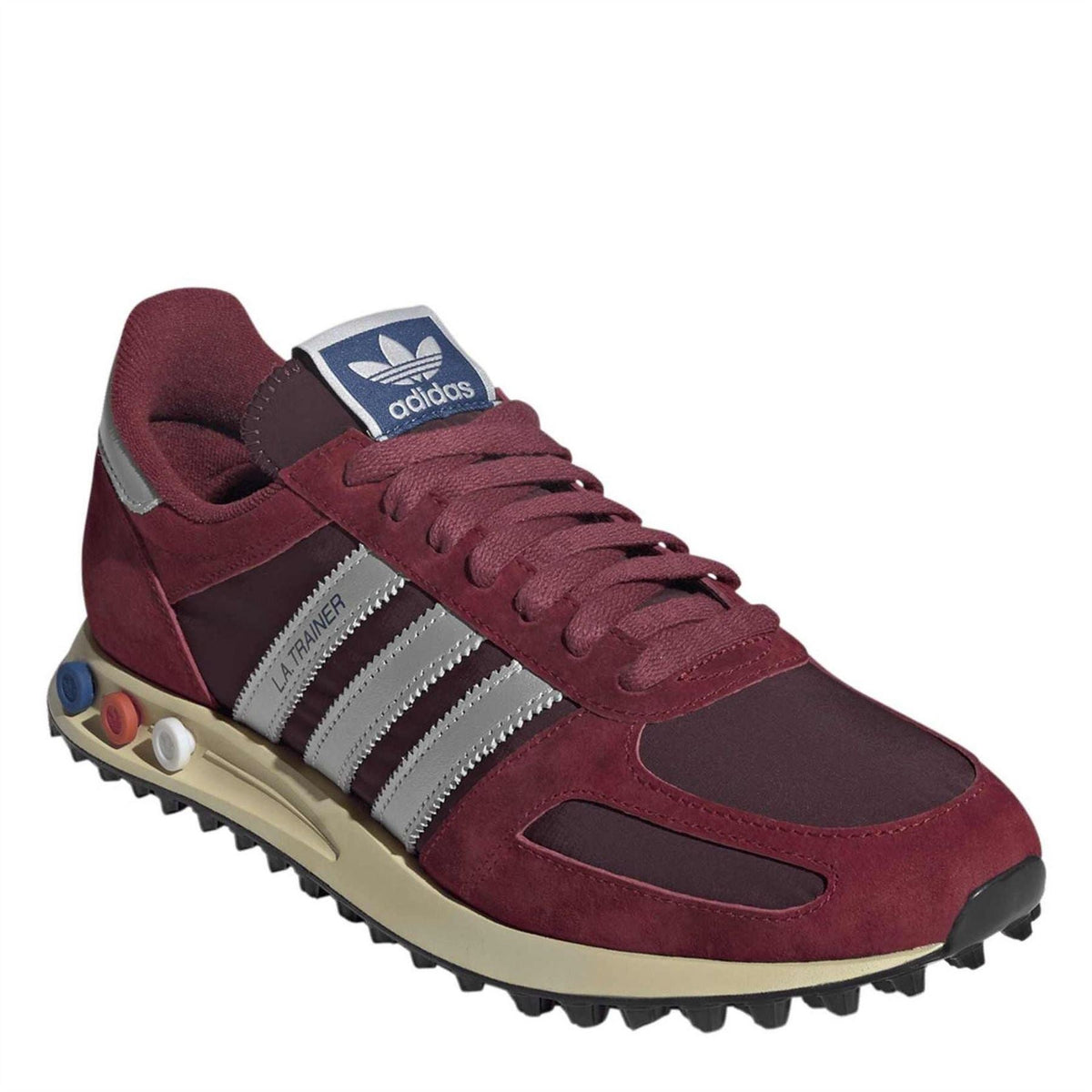 adidas Originals LA Trainer OG sneakers with burgundy suede, lace-up front, and cream sole