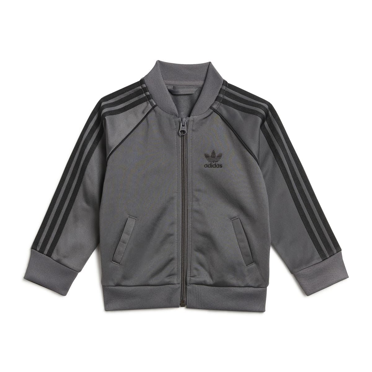 Grey adidas Originals infants zip-up track jacket with striped sleeves and chest logo