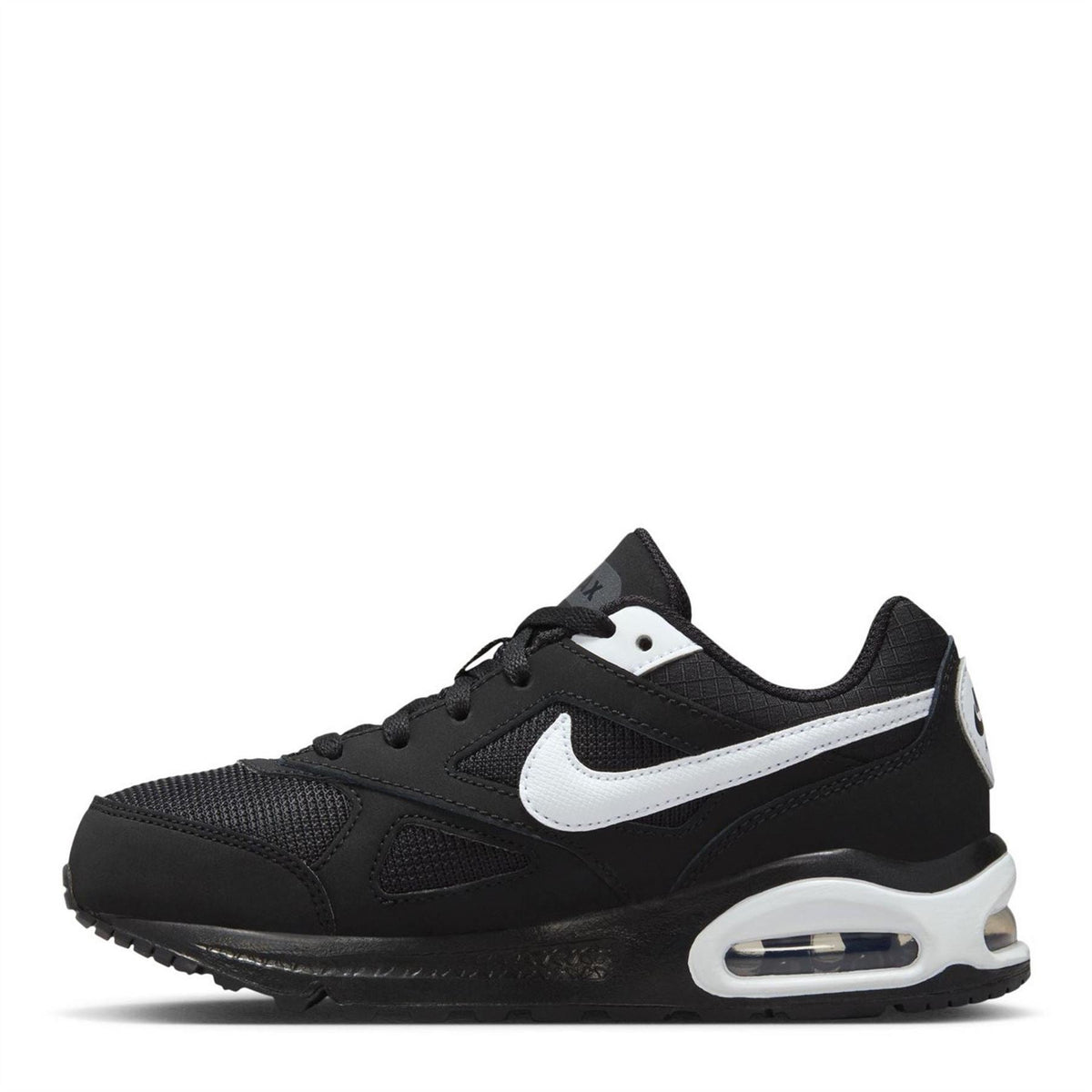 Black boys' Nike Air trainers, white swoosh, chunky outsole and lace-up