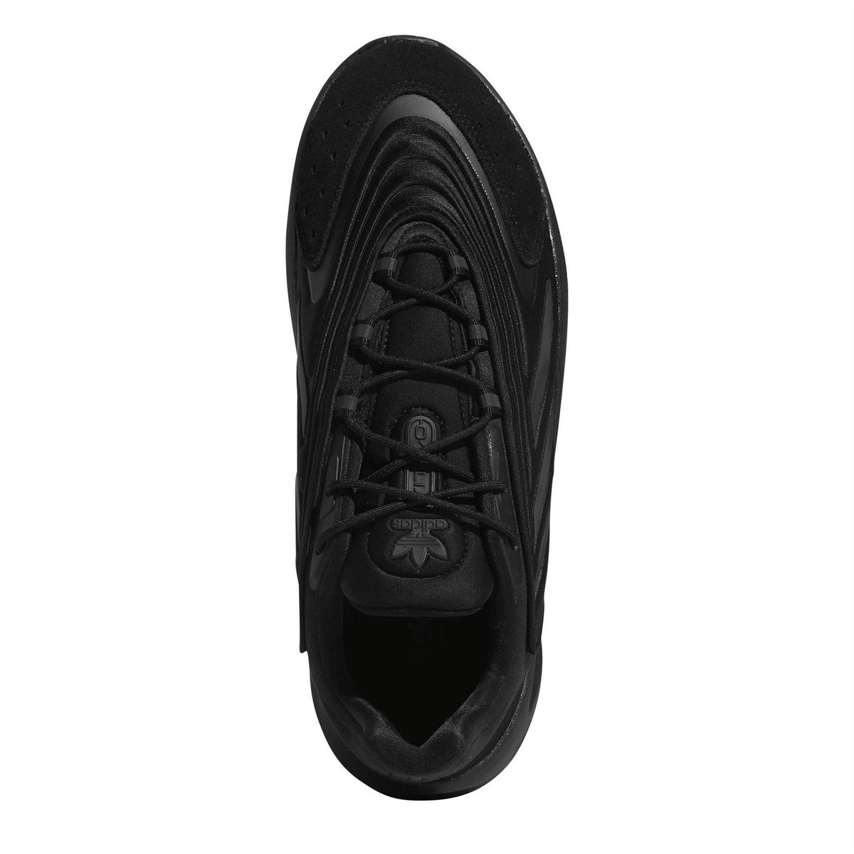 adidas Ozelia chunky lace-up sneakers in black, top view with lace eyelets and tongue