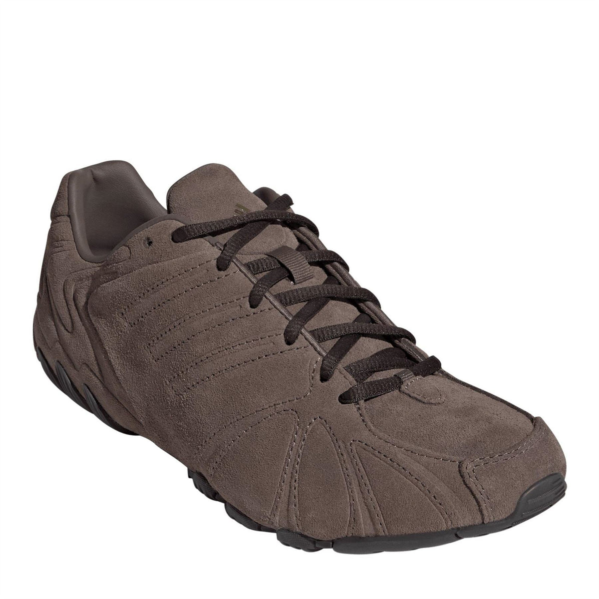 Brown lace-up sneaker with suede-like upper, stitched panels, and rugged rubber outsole