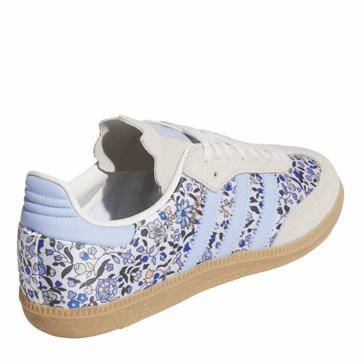Juniors' Samba sneakers, side view with blue floral fabric, white heel tab, gum sole