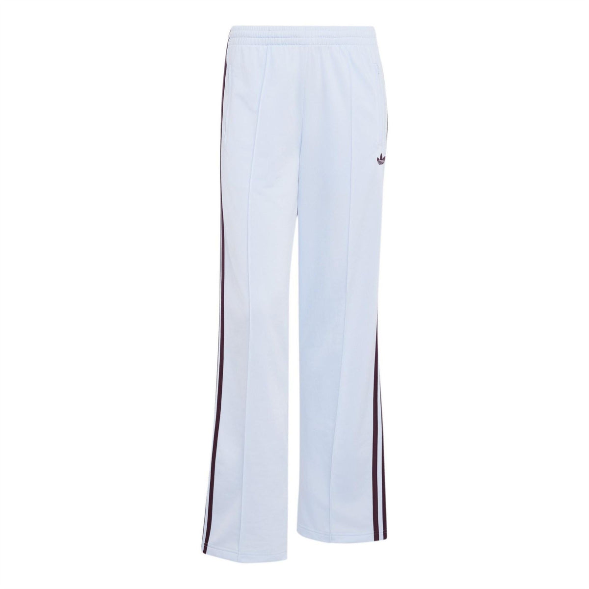 Womens white woven jogger pants with open hem, elastic waist, maroon side stripes