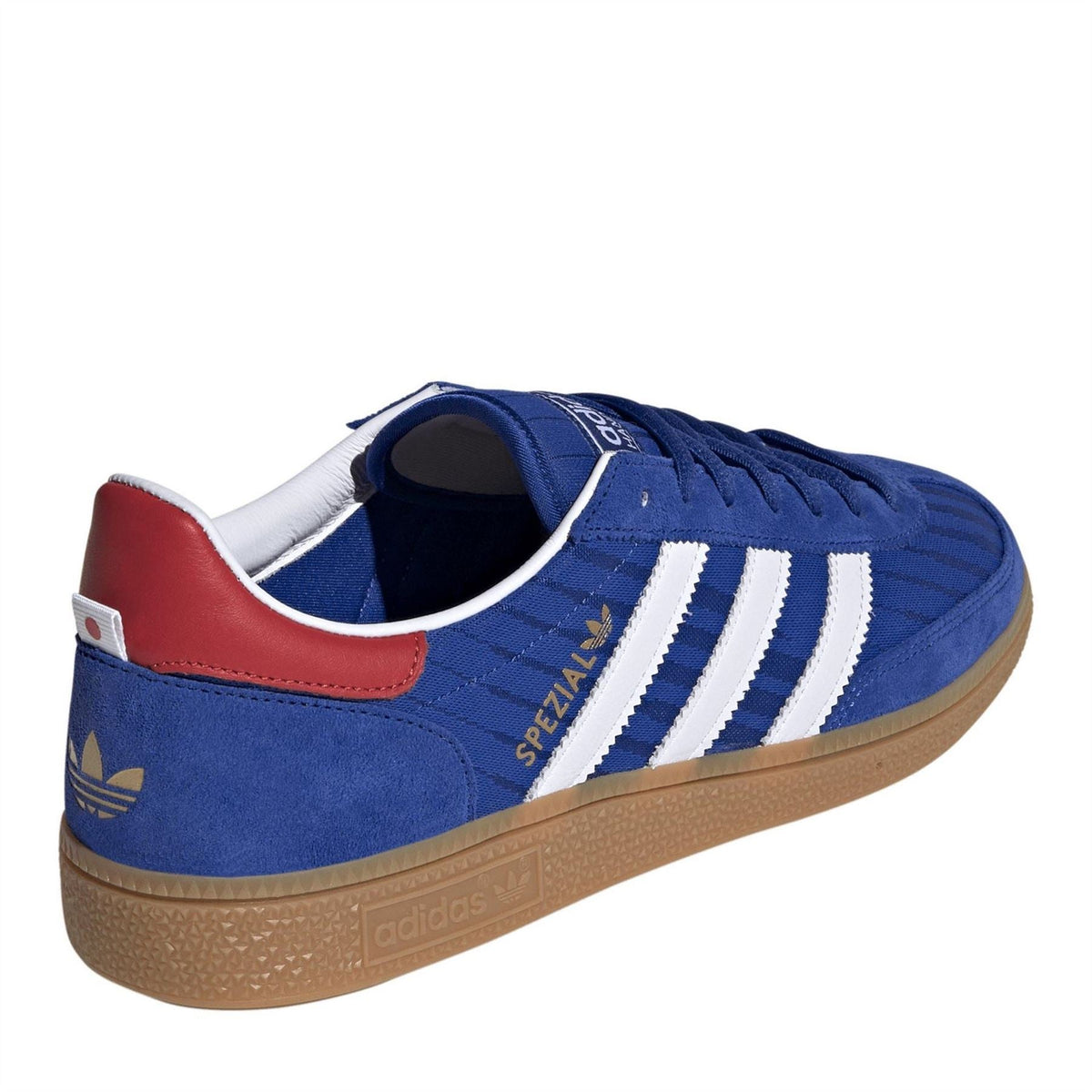 Men's low-top trainers in blue with white stripes, red collar panel, gum outsole