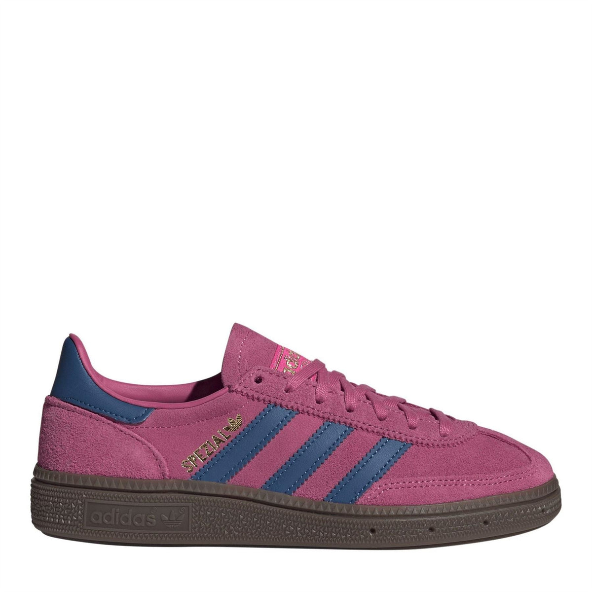 Juniors suede Handball Spezial shoes, violet with blue stripes and dark rubber sole