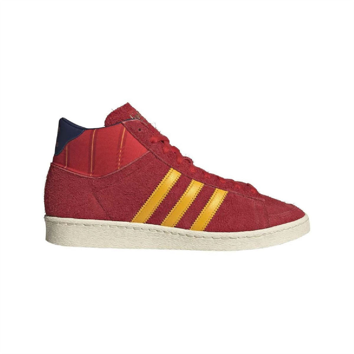 High-top sneakers in burgundy suede with navy collar, yellow three stripes, white sole